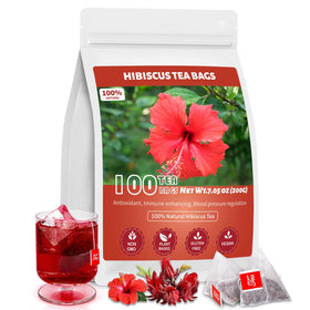 Oryvox hibiscus tea bags packaging front shows vibrant color and eco-friendly design.