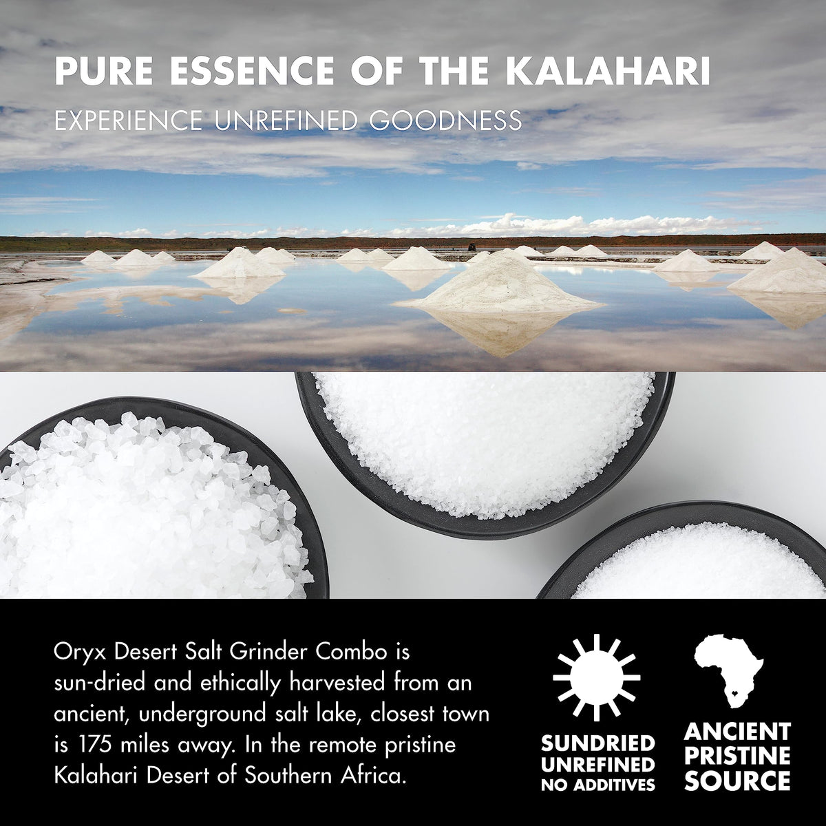 Oryx Desert Salt Kalahari salt close-up showing mineral-rich crystals.