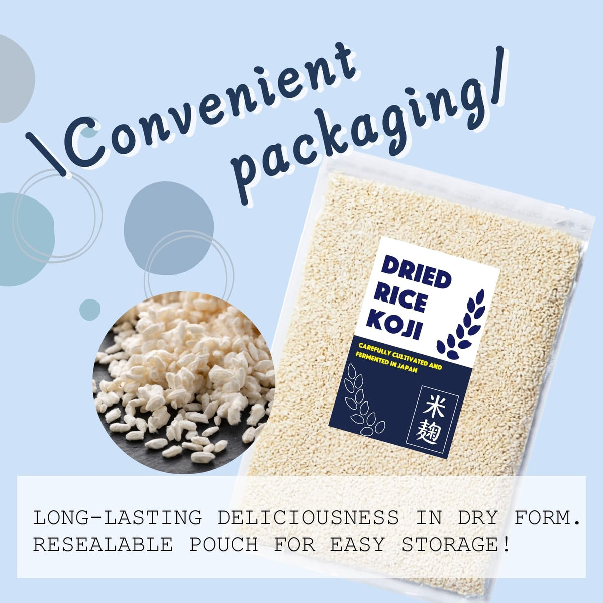 ORYZAE dried rice koji packaging with Niigata snow storage symbol for authentic ferments