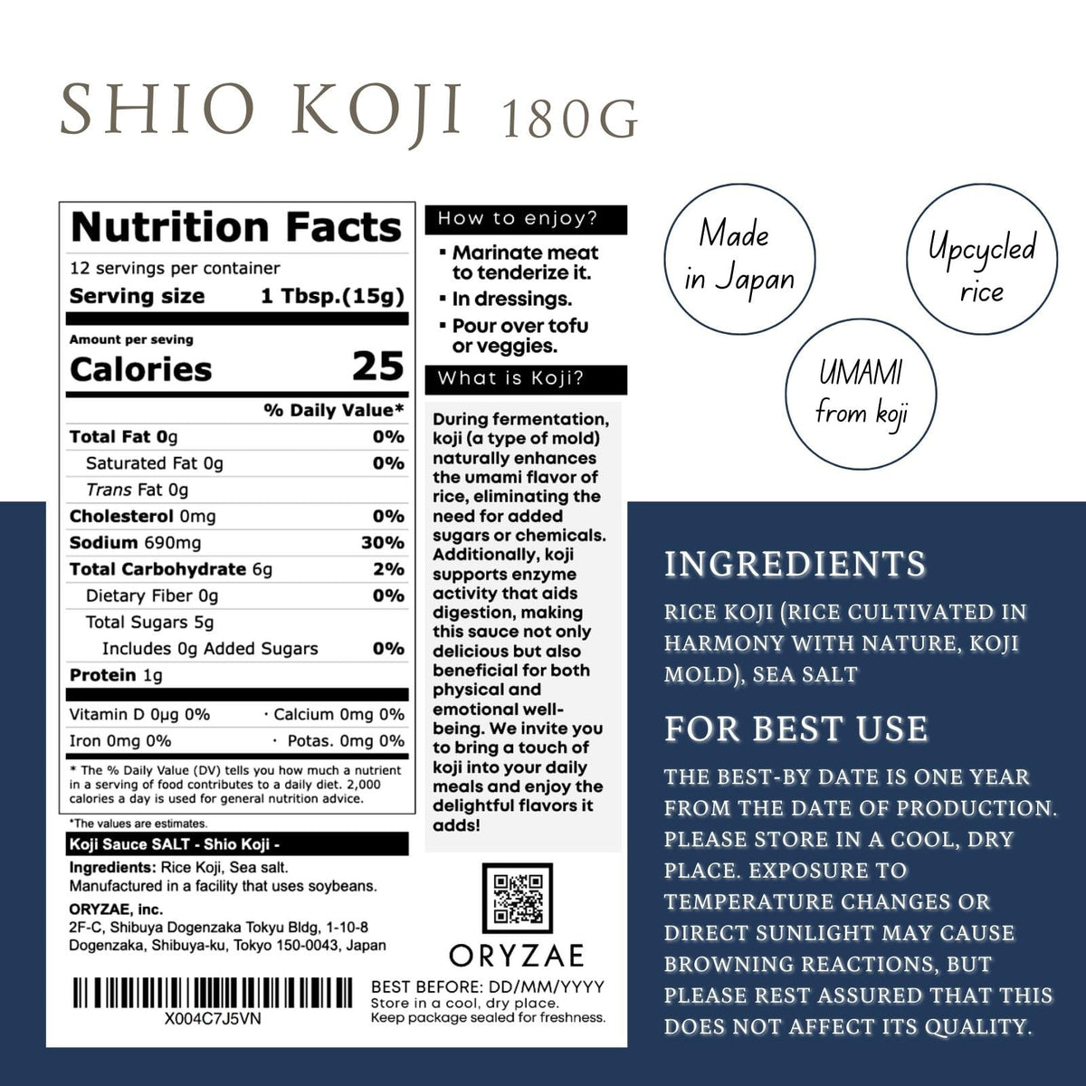 ORYZAE UMAMI Salt Koji tub label highlights gluten-free fermentation.