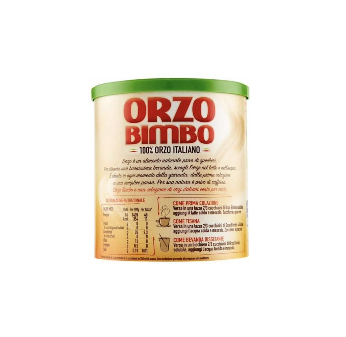 Orzo Bimbo Solubile 120g jar back view; clear label for quick ingredient checks.