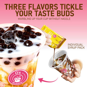 O's Bubble Boba Kit contents spread showcases flavors and tools for a DIY tea session.