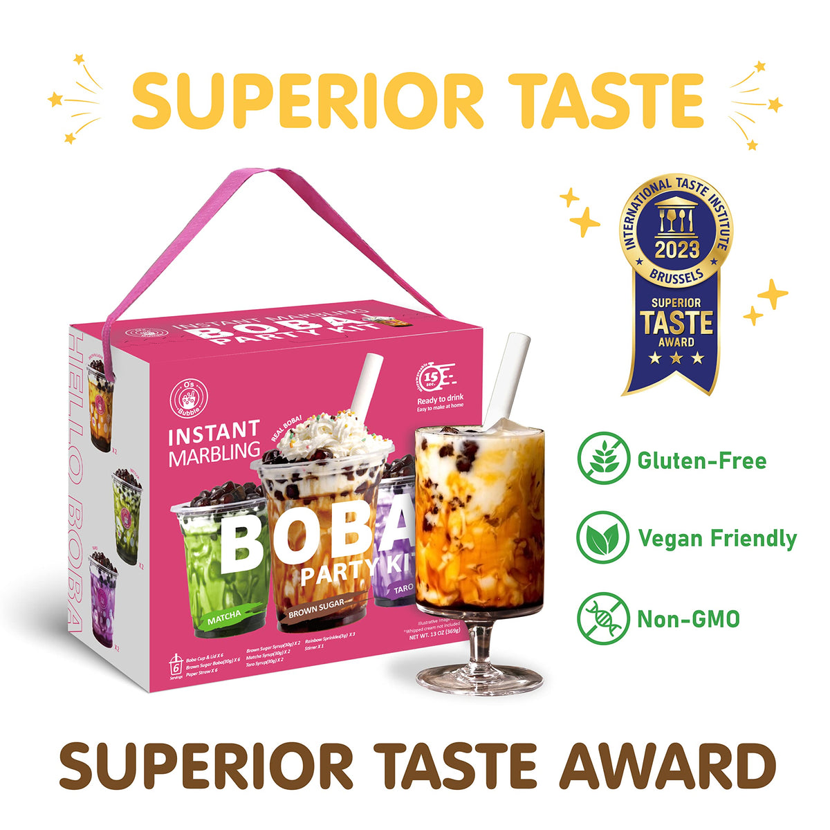 O's Bubble Boba Kit cups and straws arranged for easy serving and refillable enjoyment.