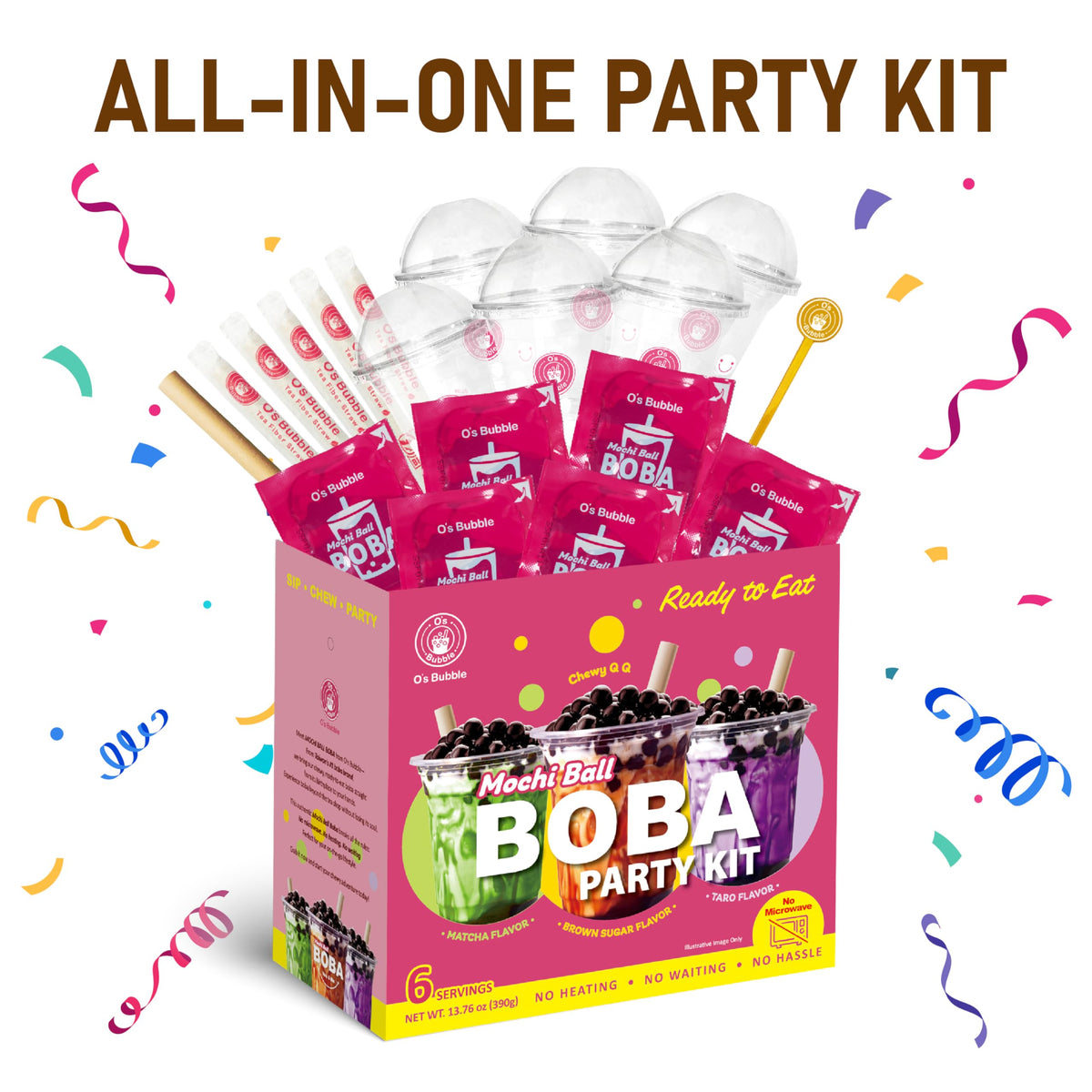 O's Bubble kit includes cups, straws, and stirrers for quick setup.
