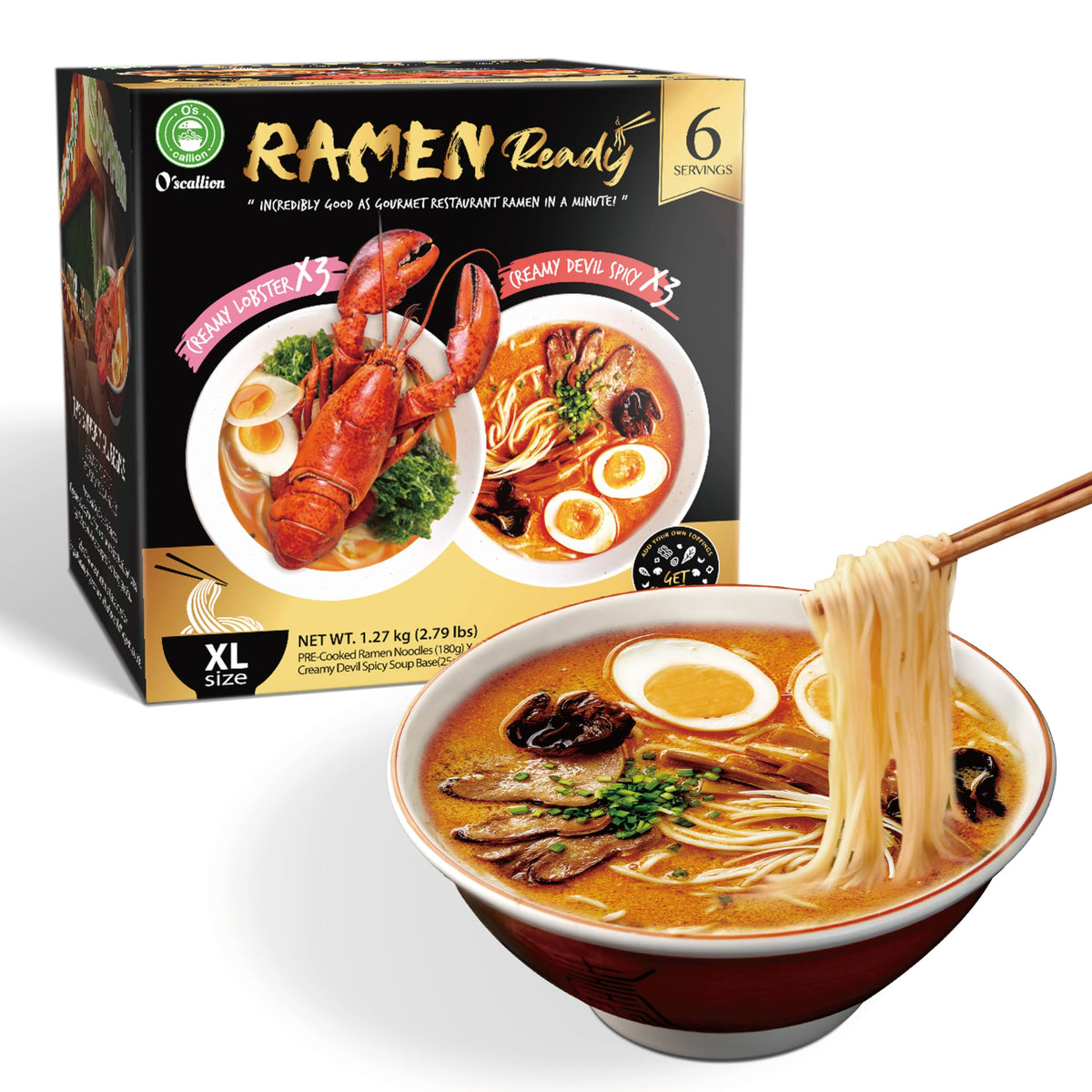 O'scallion ramen six-pack variety flavors ready-to-serve noodles