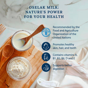 Oselak donkey milk powder label closeup communicates clean ingredients and natural sourcing