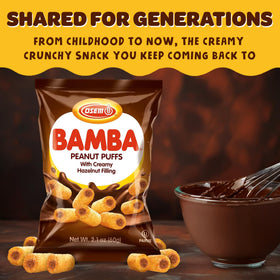 Close-up of a crispy Bamba puff showing the peanut shell and hazelnut coating.