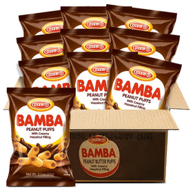 Osem Bamba peanut butter puffs with chocolate hazelnut center, ideal as a snack.
