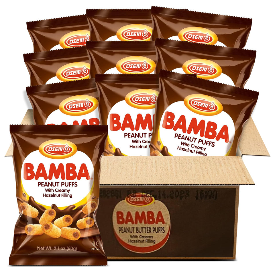 Osem Bamba peanut butter puffs with chocolate hazelnut center, ideal as a snack.