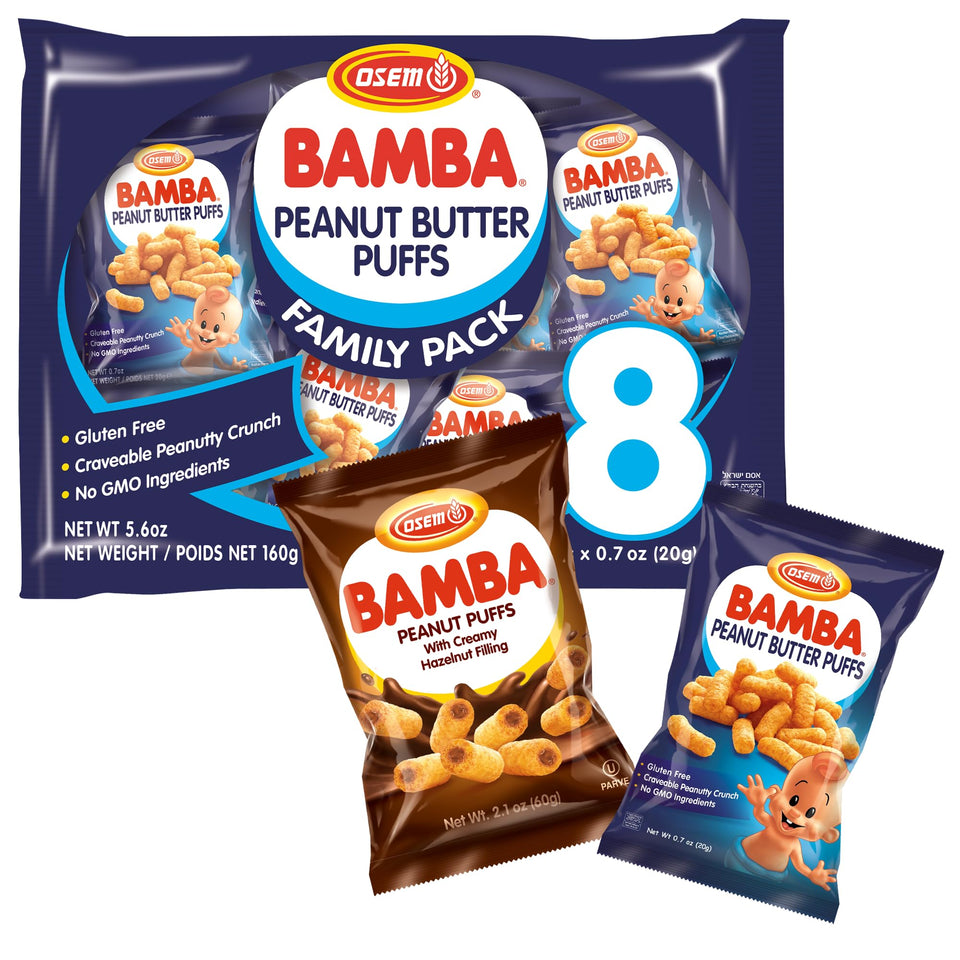 Osem Bamba Peanut Butter Puffs family pack showing clean, kid-friendly snack