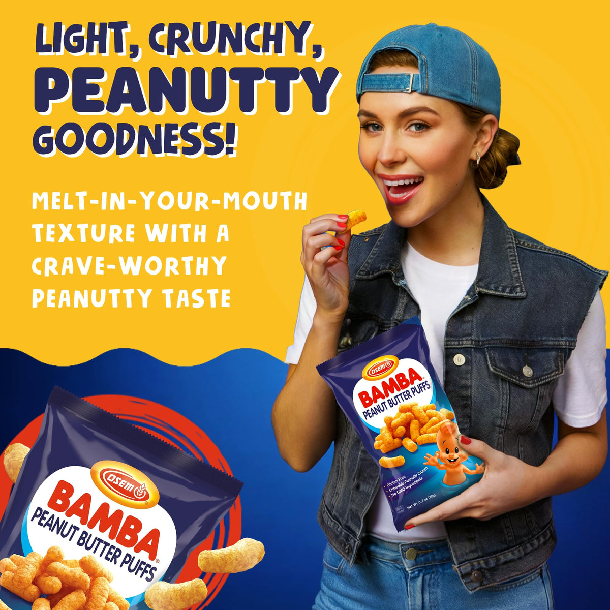 Osem Bamba Puff shows kosher and gluten-free certification for a snack.