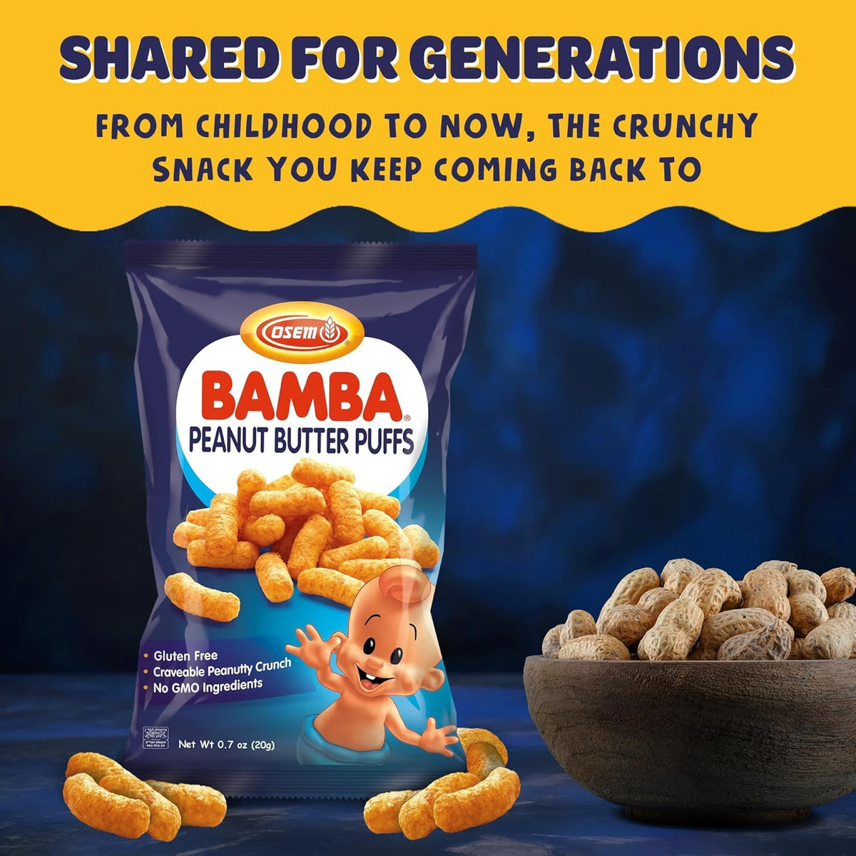Osem Bamba Peanut Butter Puffs display oven-baked crispiness.