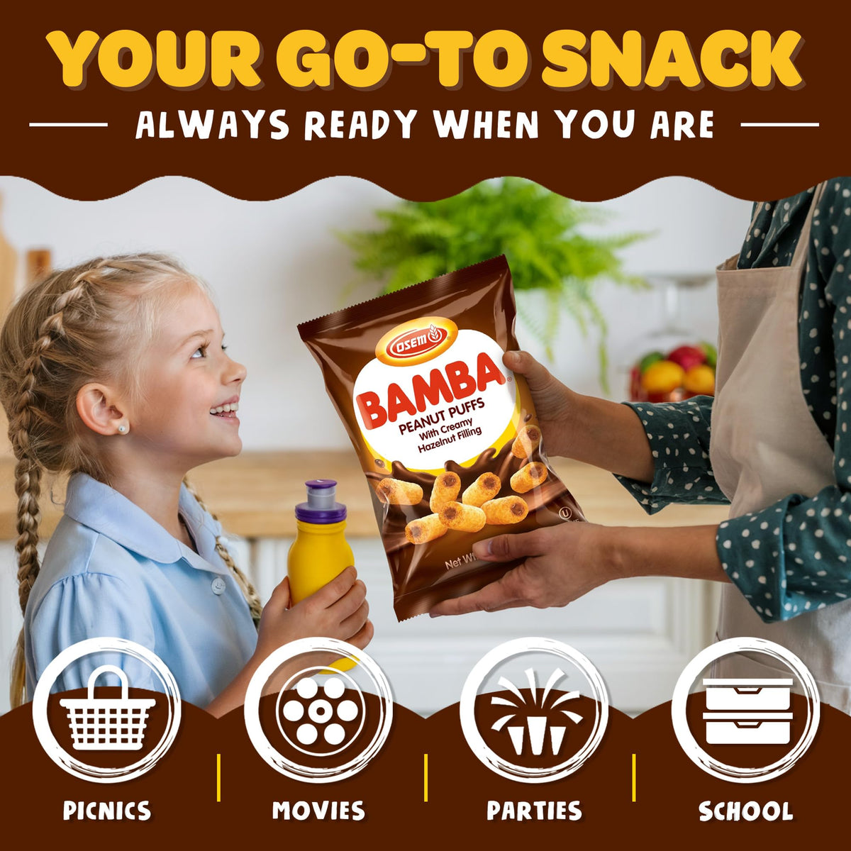Single-serve packs of Osem Bamba for lunchboxes and on-the-go snacking.