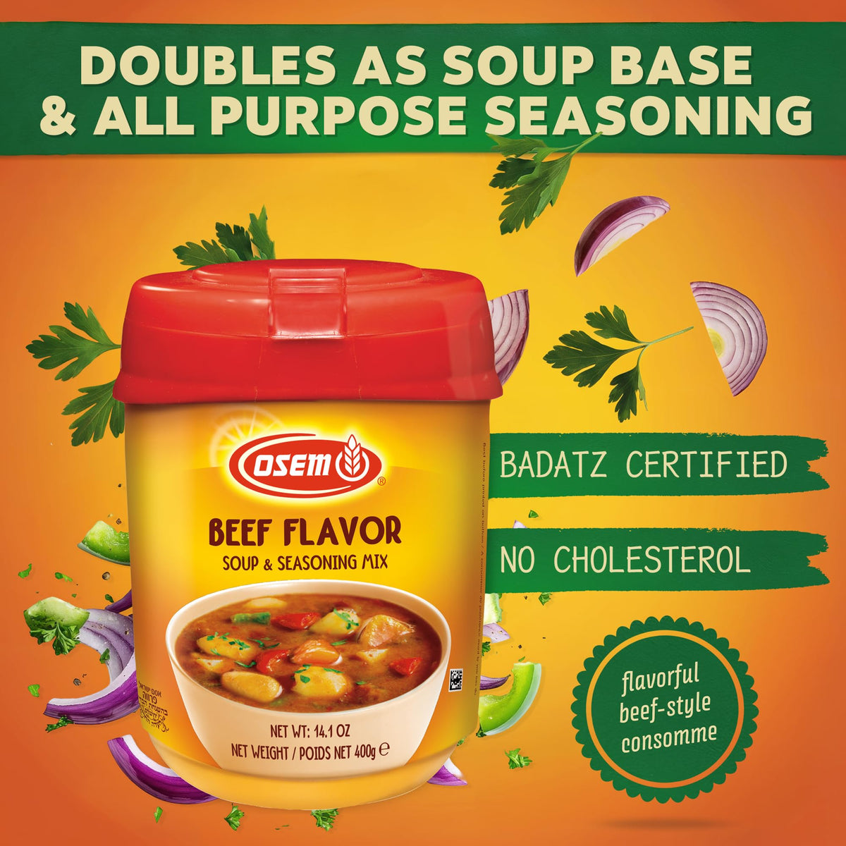 Osem base for cooking powder serves as a beef stock substitute for quick soups.