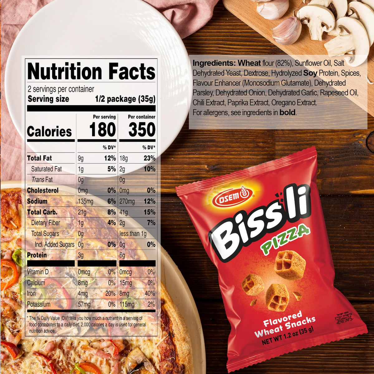 Close-up of Osem Bissli Pizza crunch with garlic and onion seasoning