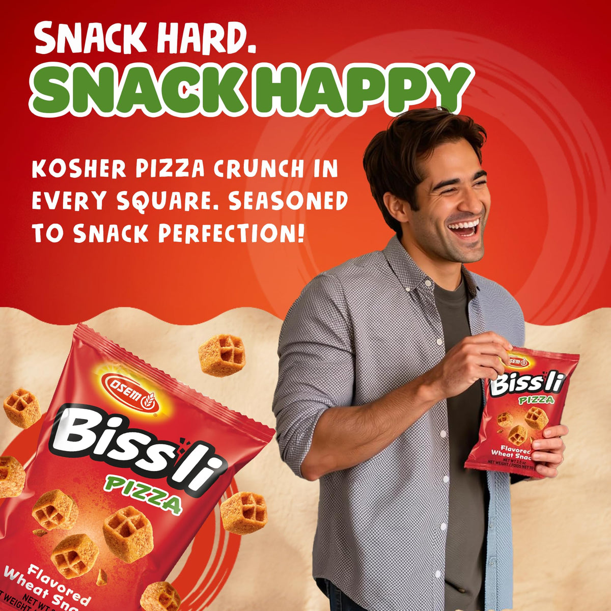 Detail of Osem Bissli Pizza packaging in a 12-pack display