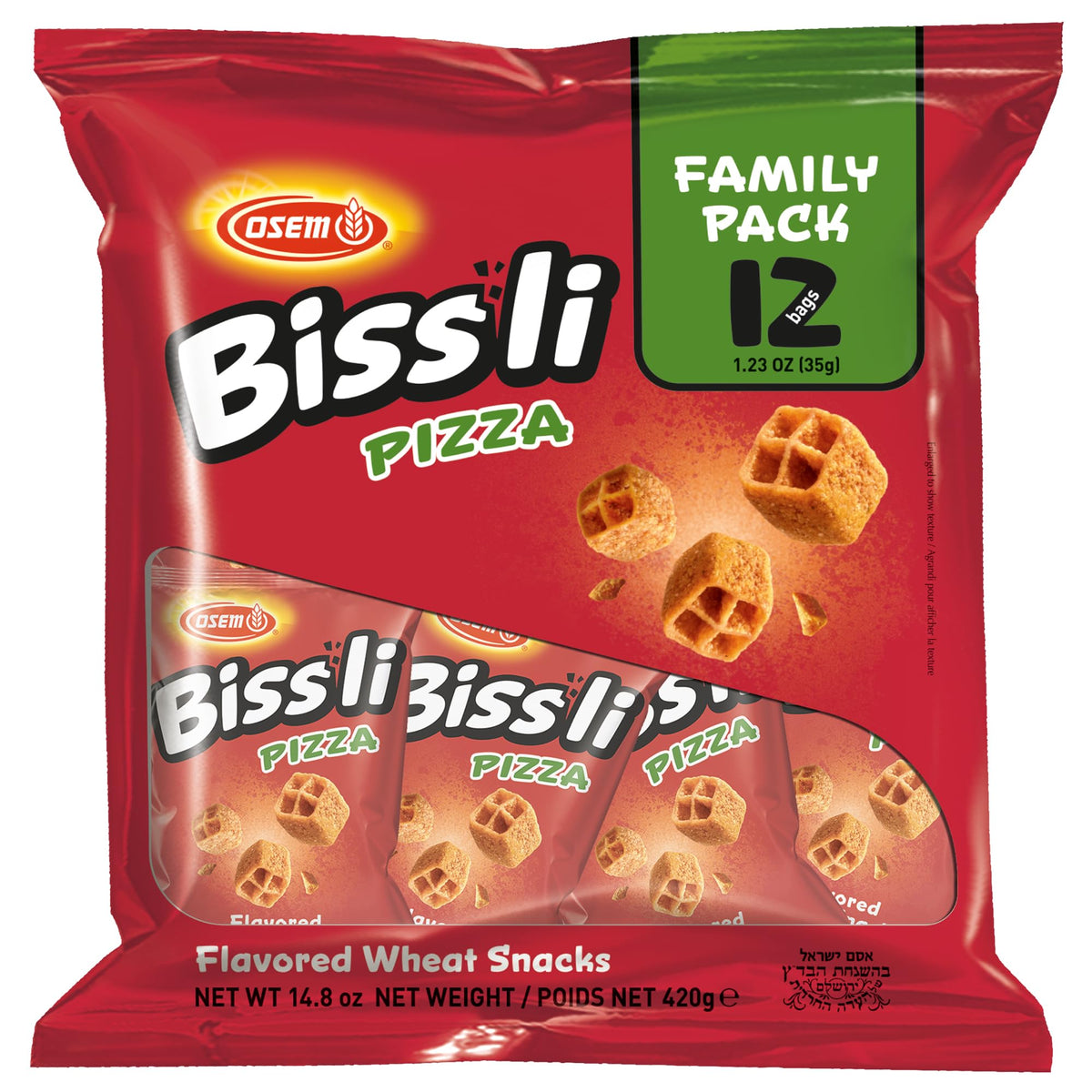 Osem Bissli Pizza bag front showing pizza-flavored crunch for on-the-go snacking