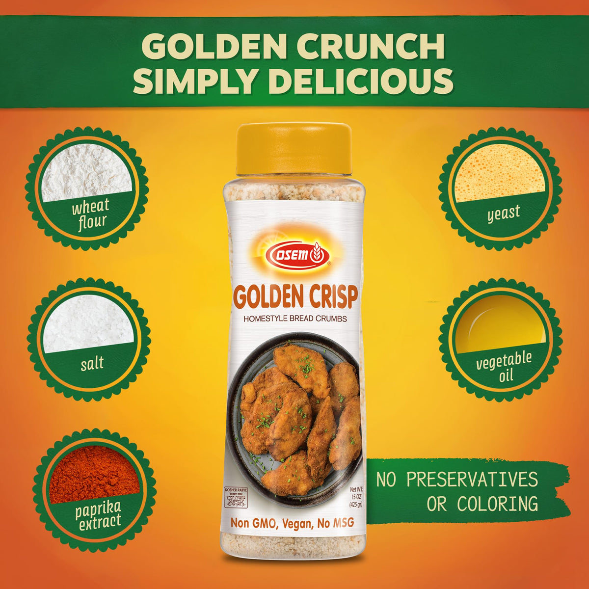 Osem Golden Crisp Bread Crumbs chicken coating creates golden crust for frying.
