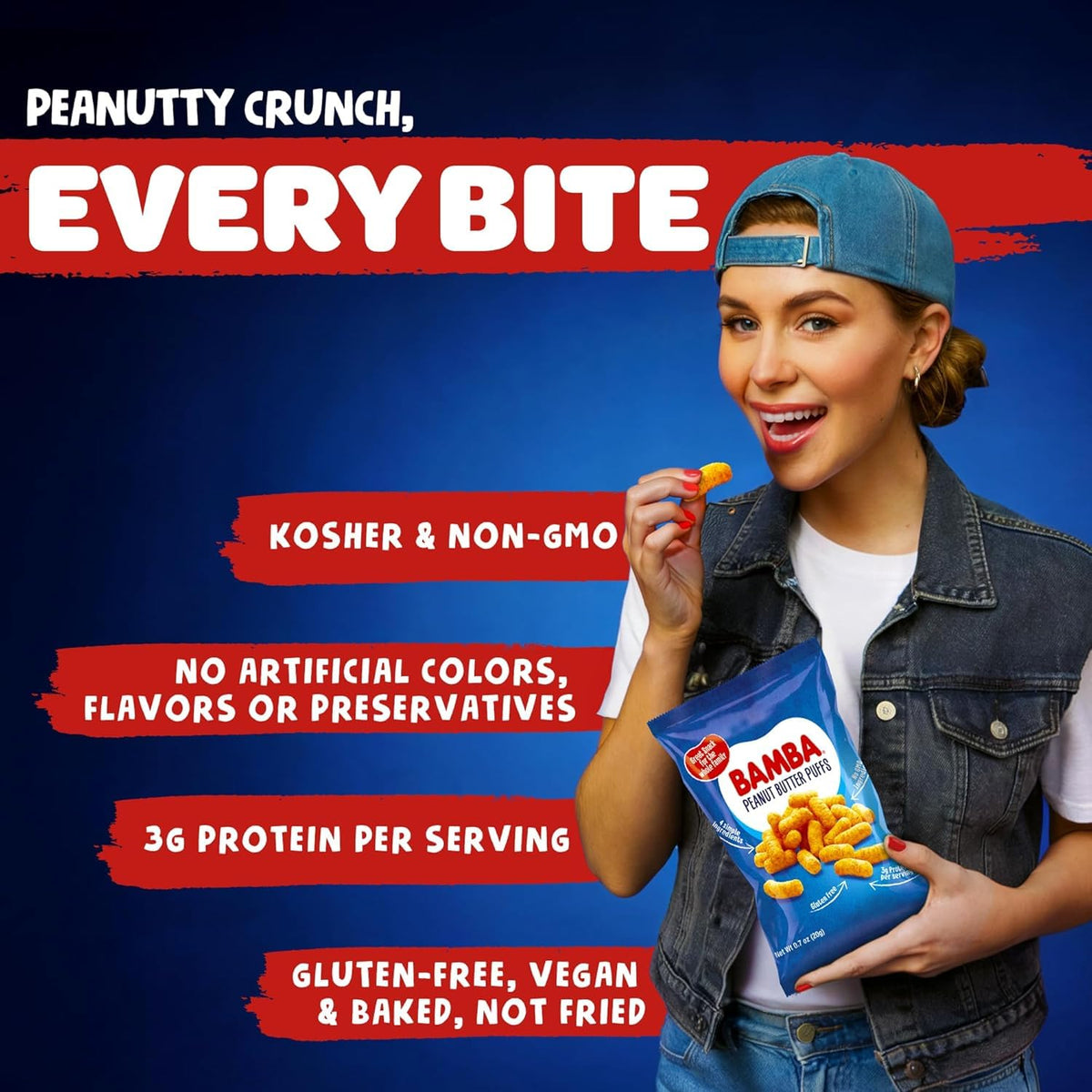 Osem Gratify Bamba puffs serving-size image, highlights 5 g protein per serving.