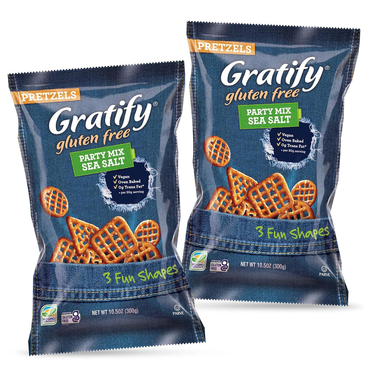 Osem Gratify gluten-free pretzels two-pack on packaging, ideal for snack time.