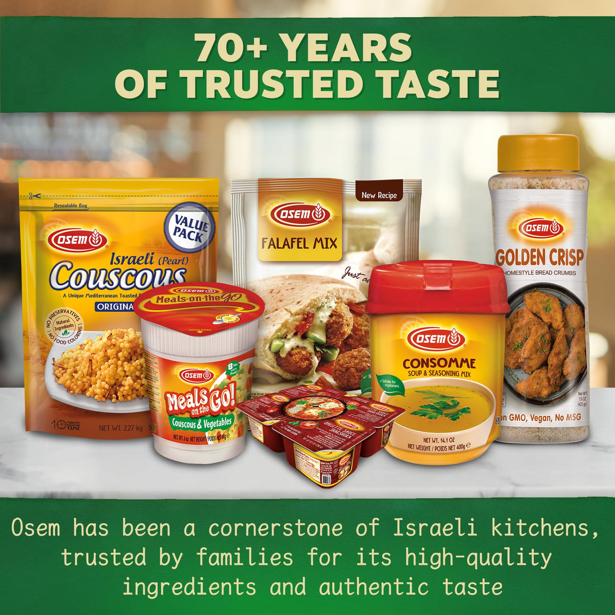 Osem Israeli pearl couscous family dinner scene, highlighting the convenient six-pack for busy households.