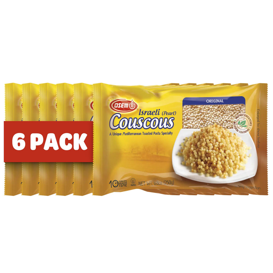 Osem Israeli pearl couscous six-pack packaging, ideal for family cooking and stocking up.