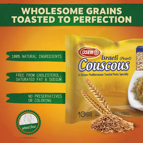 Osem Israeli pearl couscous pearls in a serving bowl, showcasing versatile salad uses.