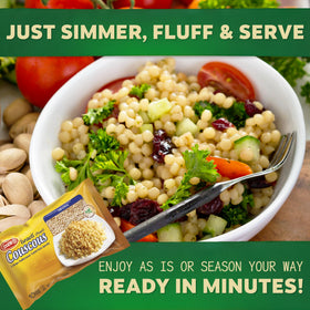Osem Israeli pearl couscous in a vibrant salad plate, perfect for Mediterranean bowls.