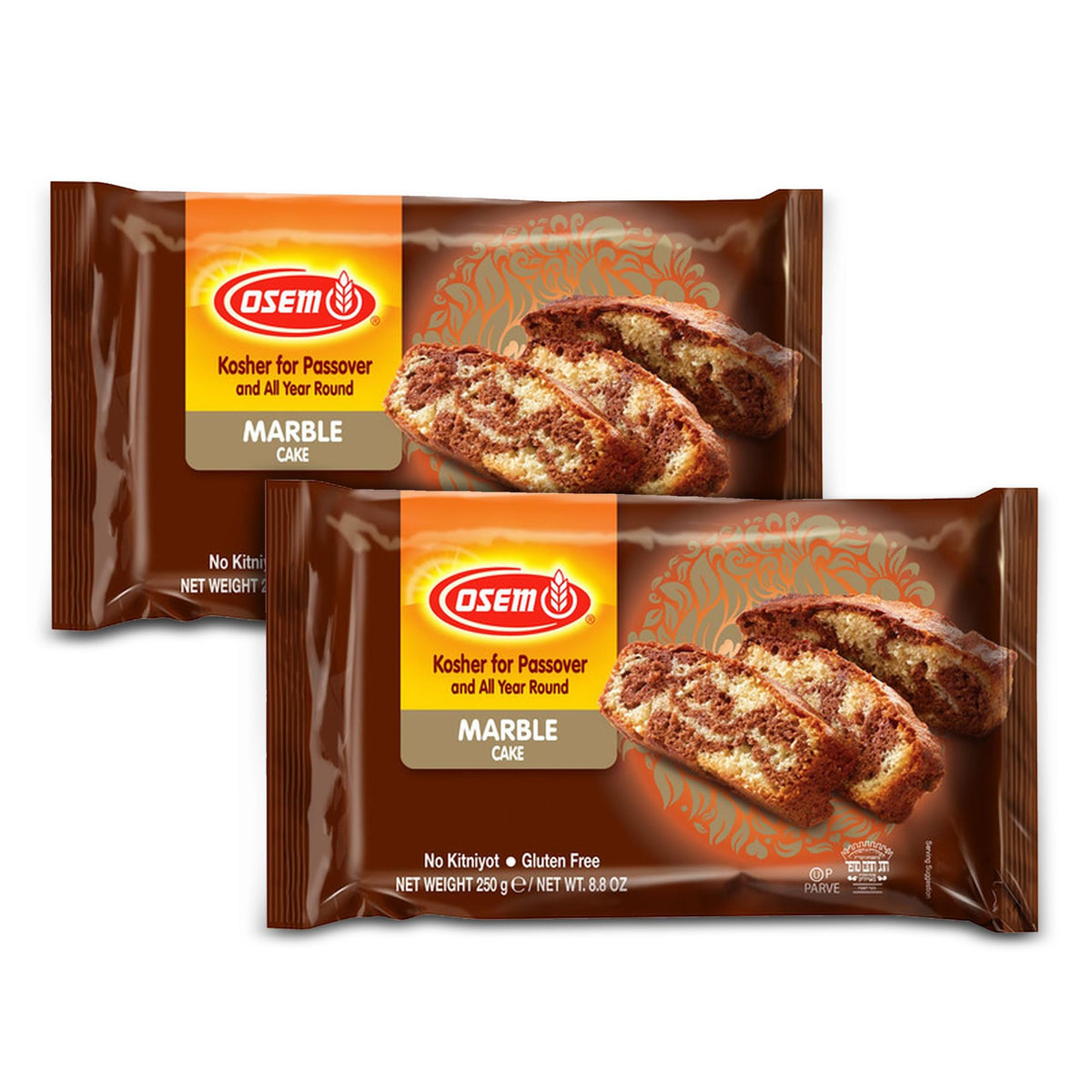 Osem Marble Cake two-pack front view, gluten-free dessert for Passover and year-round enjoyment.