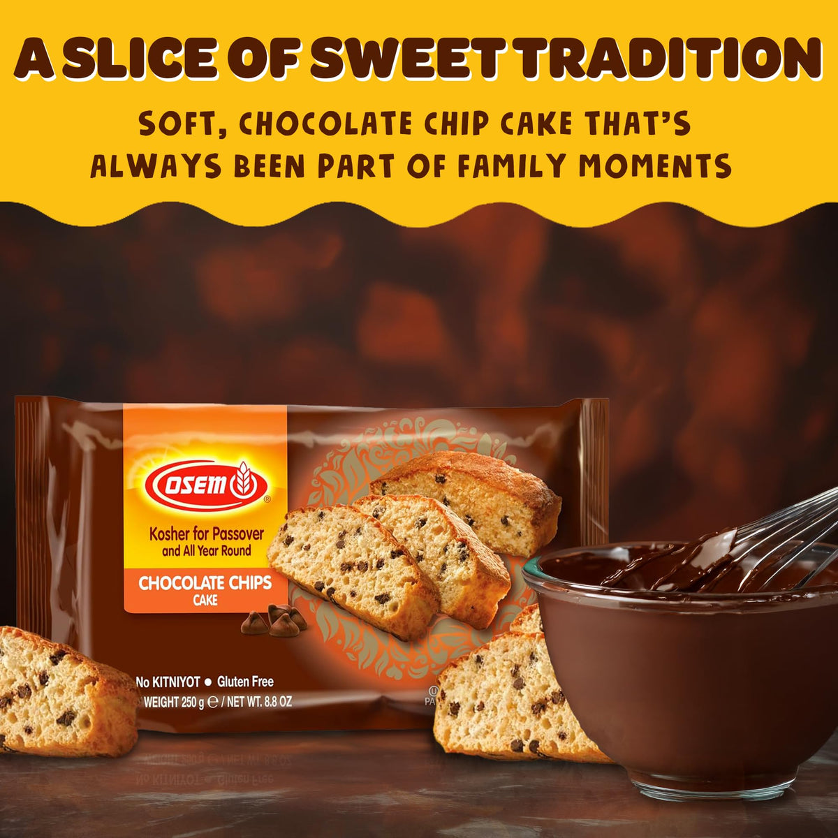 Osem moist fluffy chocolate chip cake slices ideal with coffee.
