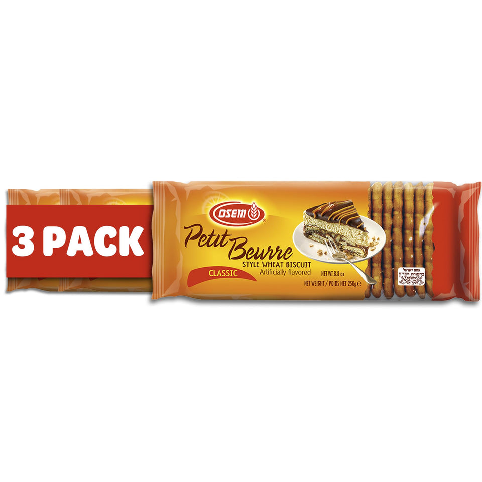 Osem Petit Beurre biscuits in a 3x8.8oz pack, great for pantry freshness.