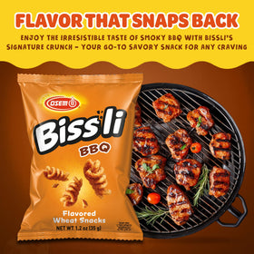 Osem Bissli BBQ snack close-up showing smoky flavor and crispy crunch for lunchboxes.