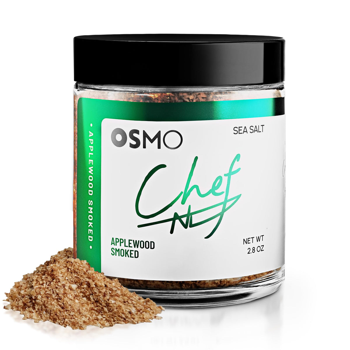 Osmo Applewood Smoked Sea Salt bottle highlights premium flavor for grilling and finishing.