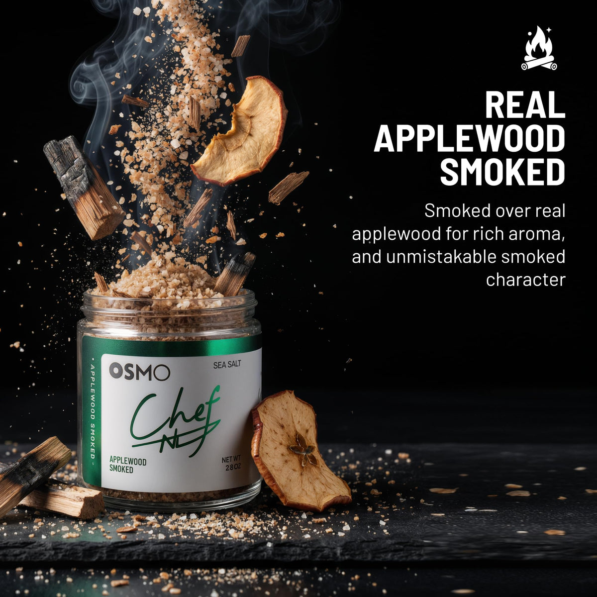 Osmo Applewood Smoked Sea Salt flakes close-up shows amber notes and smoky depth.
