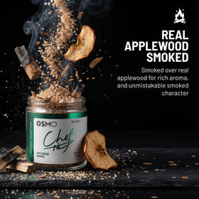 Osmo Applewood Smoked Sea Salt flakes close-up shows amber notes and smoky depth.