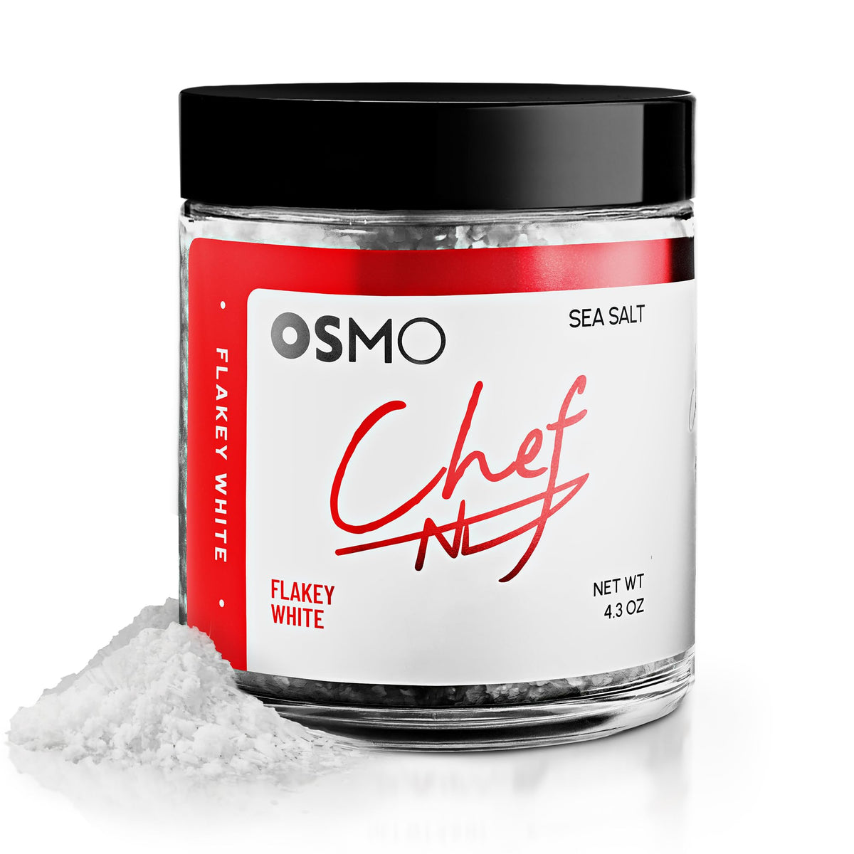 Osmo Flakey White Sea Salt pyramid crystals enhance flavor with delicate melt for finishing dishes.