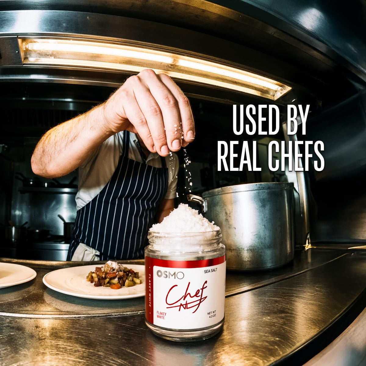 Osmo Flakey White Sea Salt sharpens proteins and vegetables with light melt.