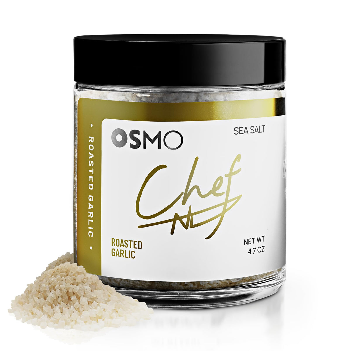 Osmo Roasted Garlic Sea Salt jar showing caramelized notes for finishing.