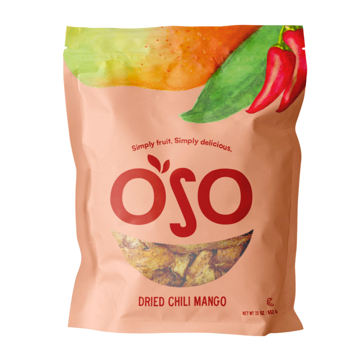 Oso Snacks dried chili mango bag shows bold, naturally sweet fruit for on-the-go snacking.