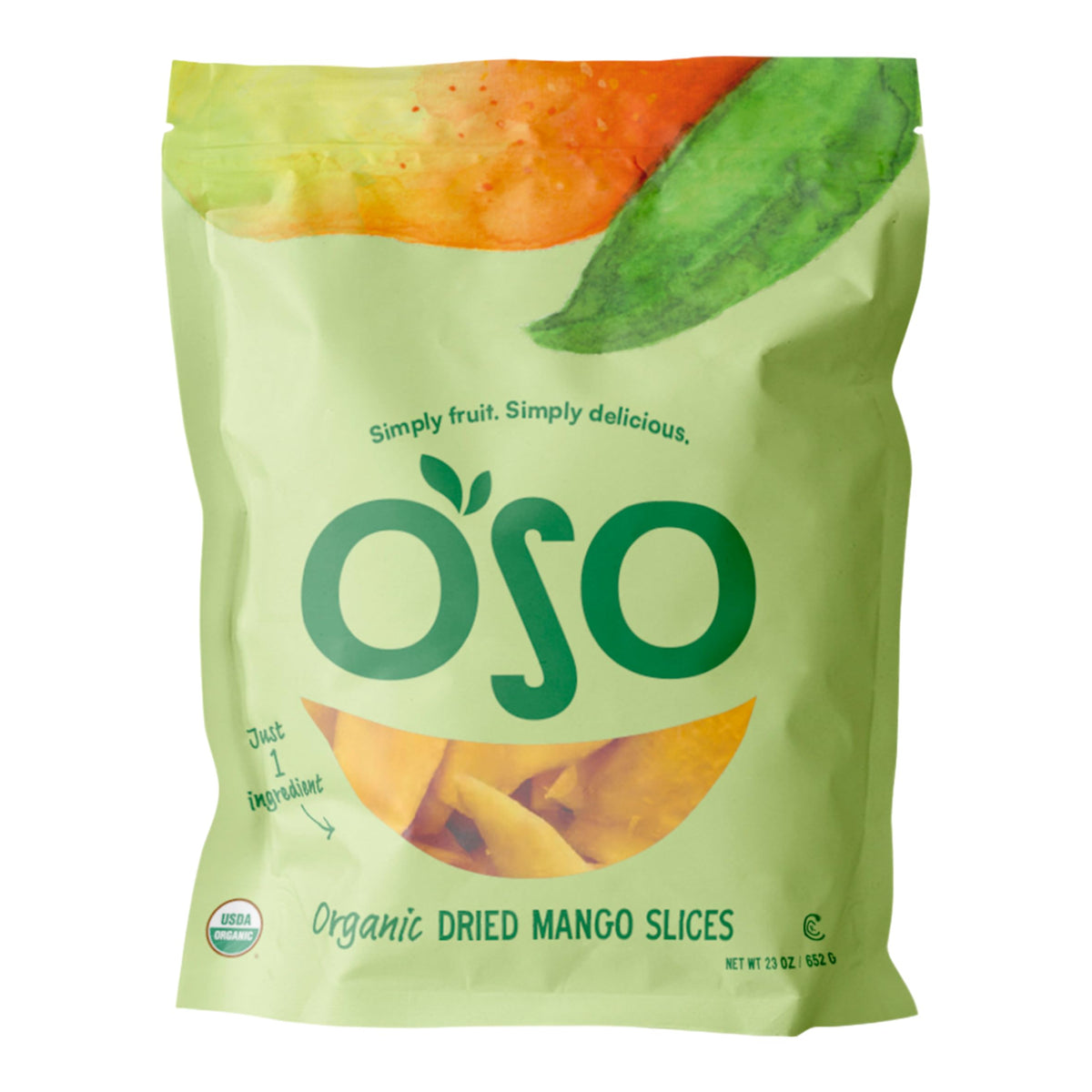 Oso Snacks dried mango slices bag front showing 100% fruit and no sugar added