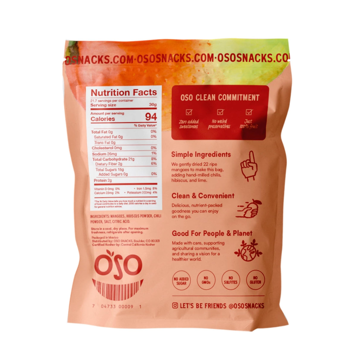 Oso Snacks no-sugar-added mango slices emphasize clean ingredients and real fruit sweetness.