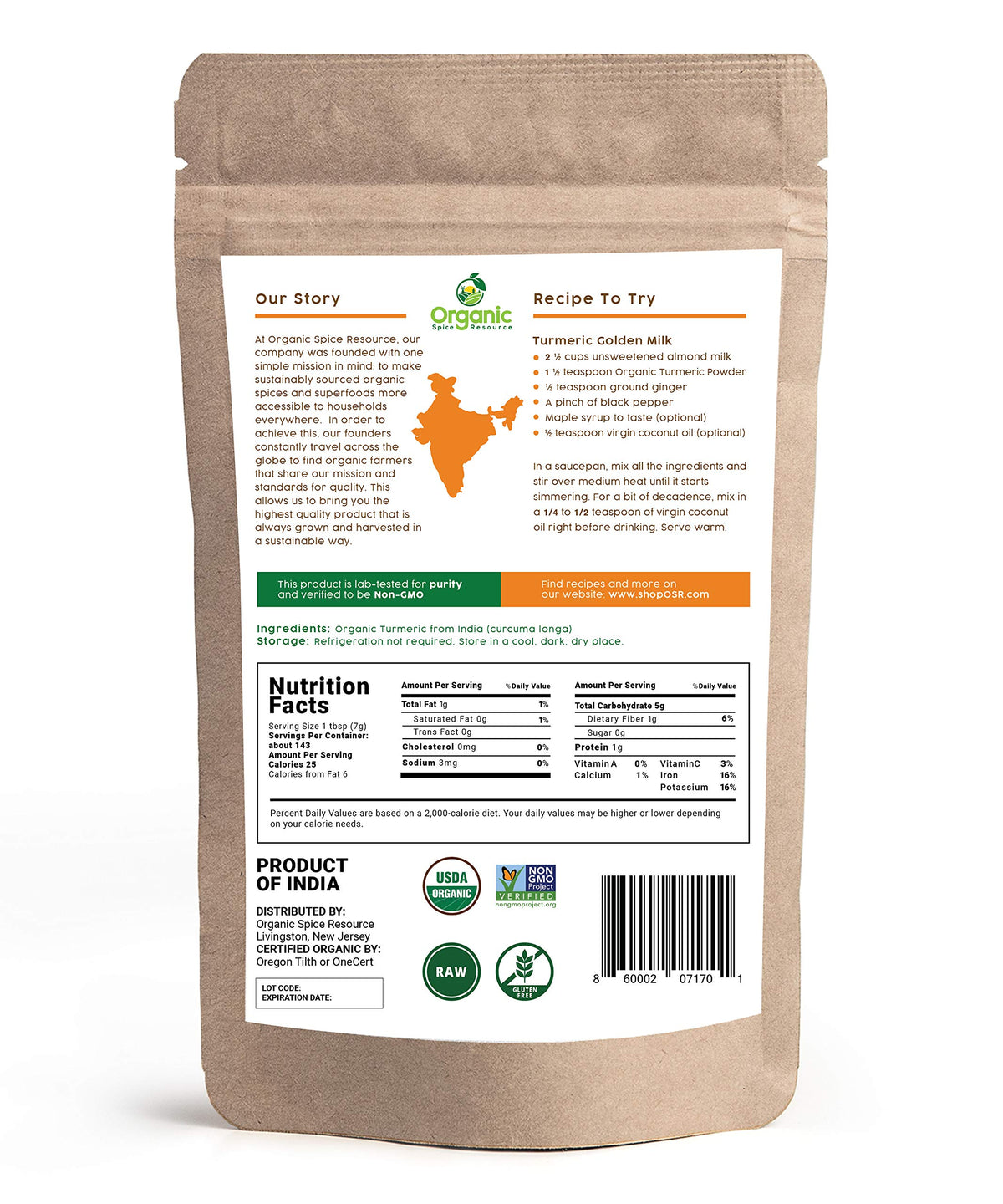 OSR Turmeric Powder labeled gluten-free and non-GMO for clean ingredients.