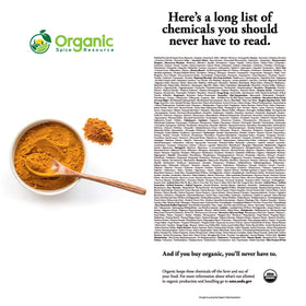 OSR Organic certification seal and gluten-free label on turmeric powder.