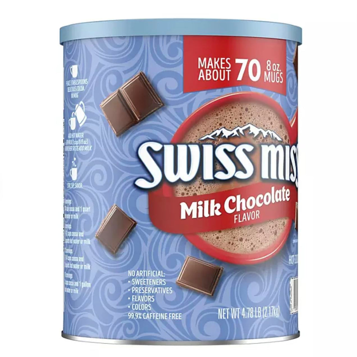 Oss Merchandise Swiss Miss cocoa canister yields about 70 servings for gatherings.