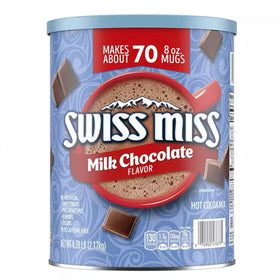 Oss Merchandise Swiss Miss hot cocoa canister with real cocoa for cozy evenings.