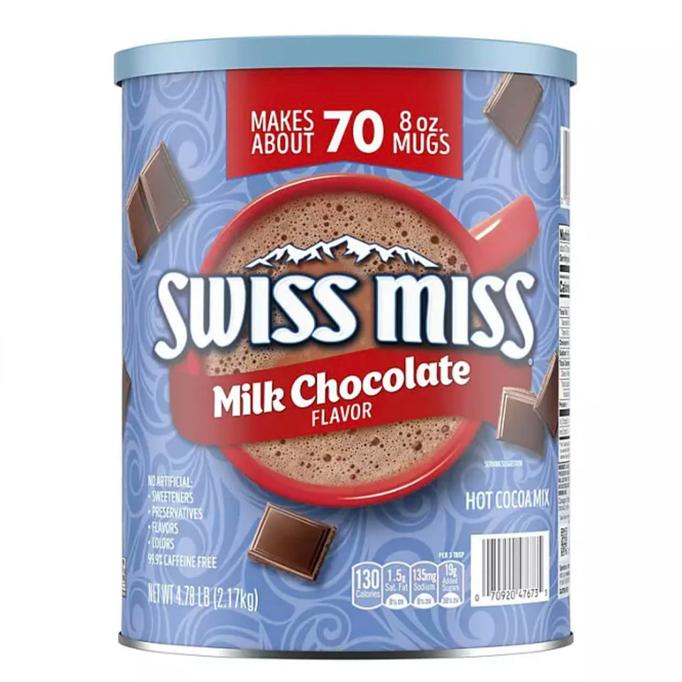 Oss Merchandise Swiss Miss hot cocoa canister with real cocoa for cozy evenings.