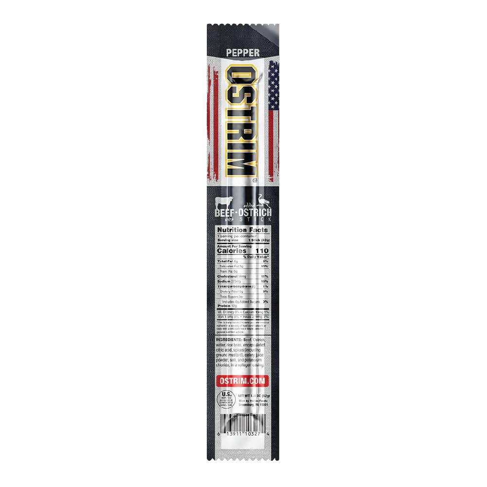 Ostrim pepper beef-ostrich snack-stick contents label, protein-rich ingredients.