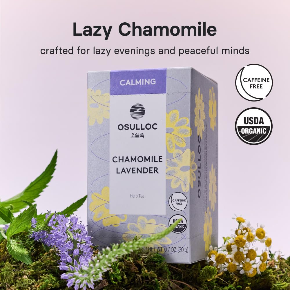 Osulloc chamomile lavender tin packaging showcases a soothing herbal blend for relaxing evenings.
