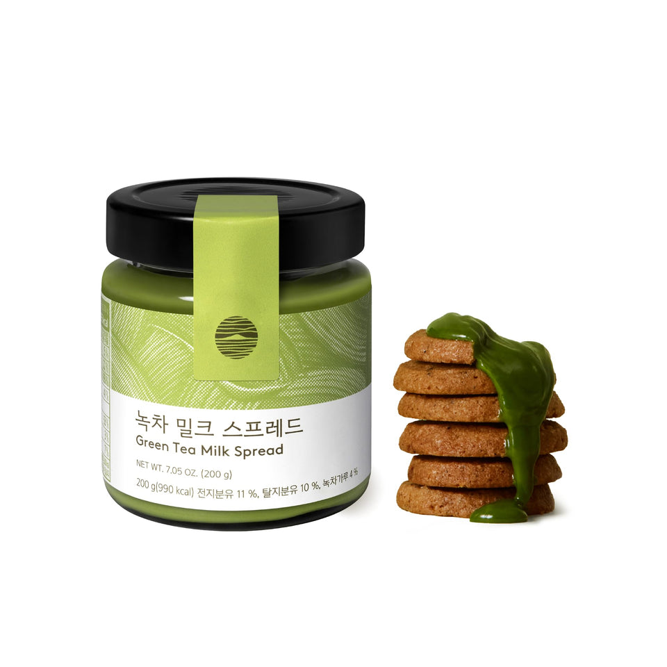 Osulloc Green Tea Milk Spread jar close-up with creamy texture, ideal for toast.