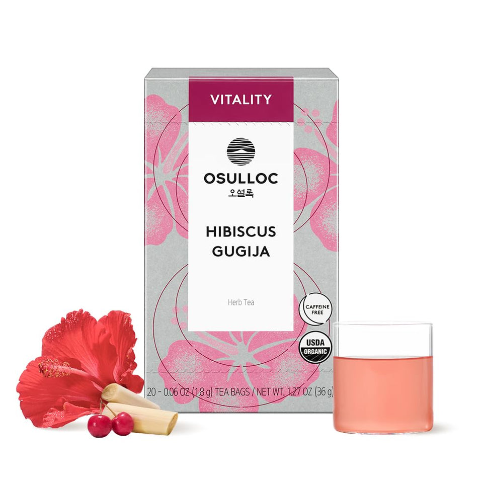 Osulloc Hibiscus Gugija tea packet ready to brew a bright caffeine-free cup.